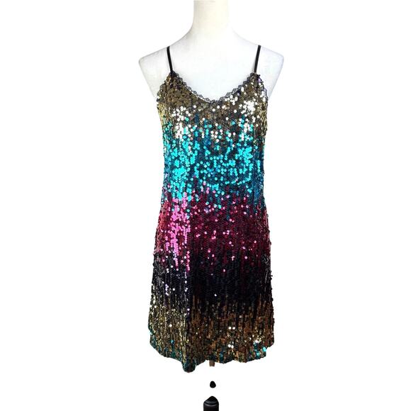 Kate Kason Colorful All Over Sequin Strappy Mini Shift Vibrant Party Dress - Picture 3 of 13